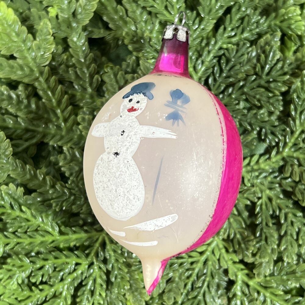 Vintage Glass Frosted & Hot Pink Mica SNOWMAN DROP Christmas Ornament Poland